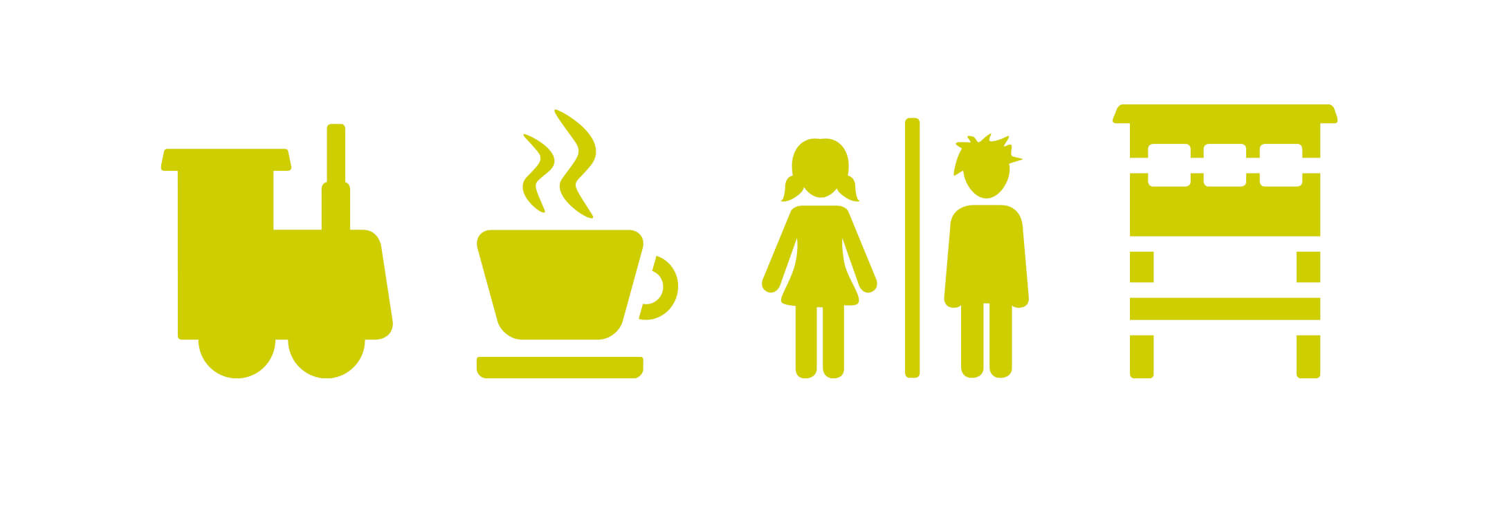 4 Icons: Eine Lok, eine Tasse Kaffee, WC Frau und Mann und ein Aussichtsturm